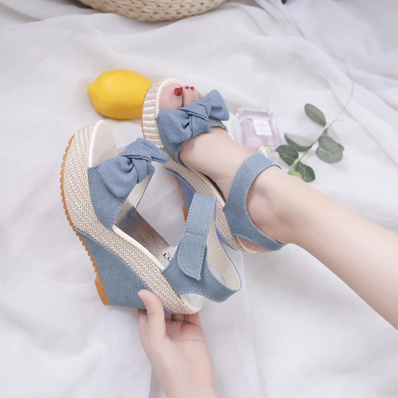 Elegant Platform Bow Mixed Colors Wedges High Heels Sandals