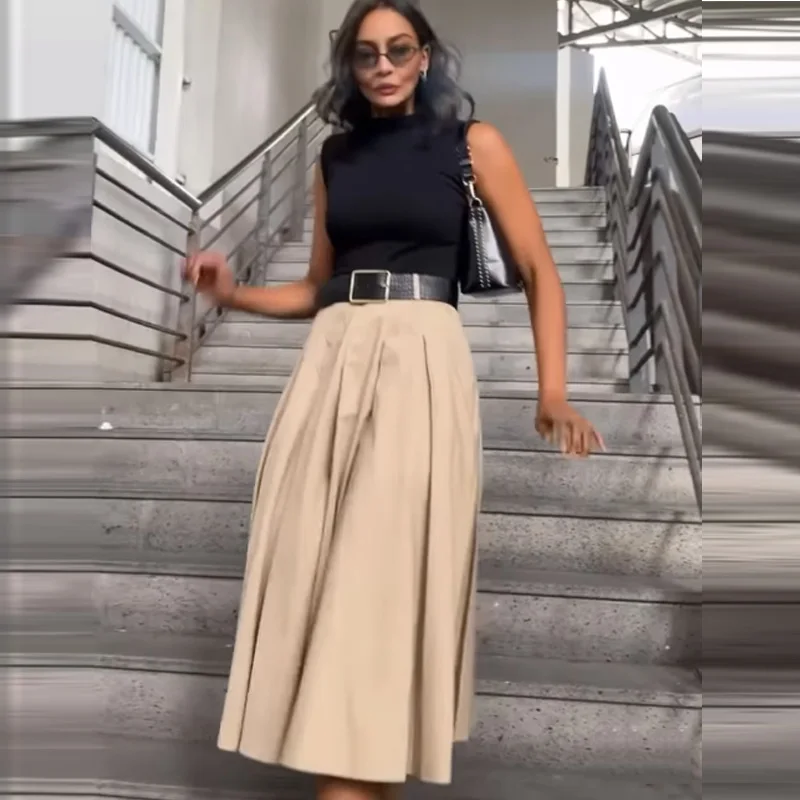 Elegant Pleated Polyester Patchwork Synthetic fiber Midi Dresses - Image 2