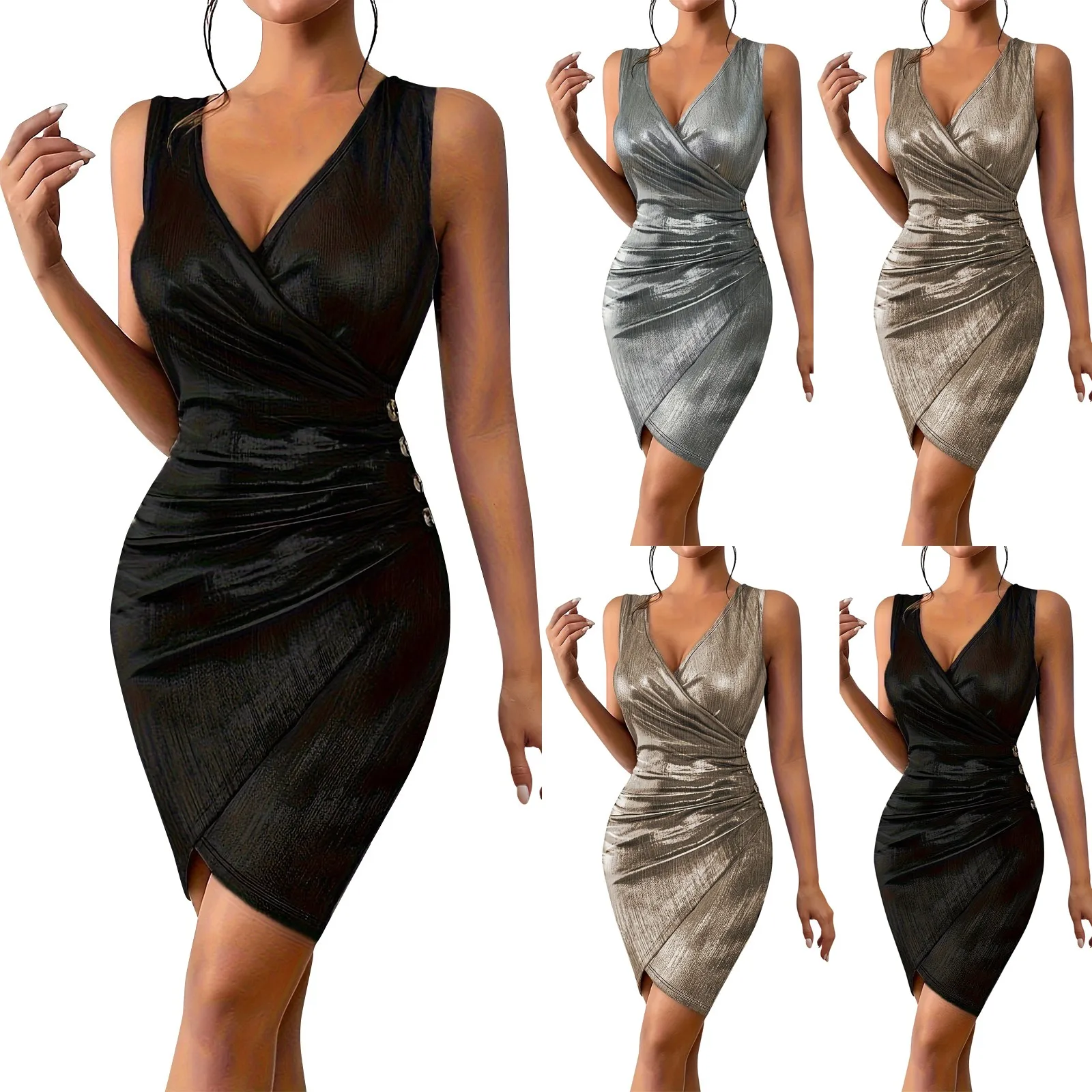 Elegant Pleated Spaghetti Strap Sleeveless Nipped Waist Side Slit Evening Party Mini Dress - Image 4
