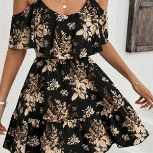 Elegant Printed Bowed Waist Pleated Short Sleeve Halter Neck Mini Dress