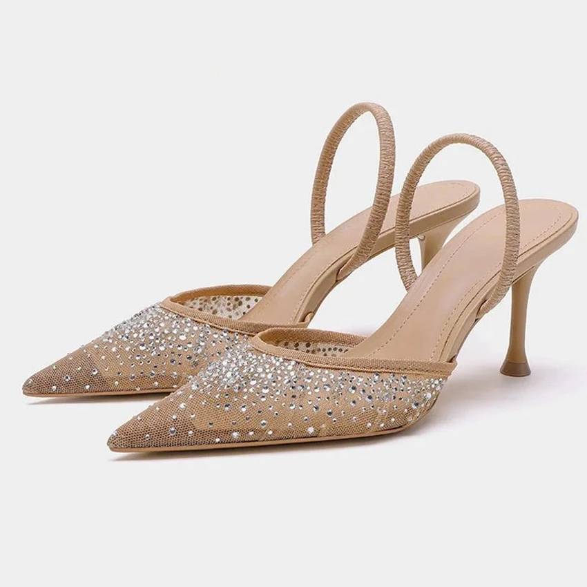 Elegant Rhinestone Slingback Pointed Slip on Party High Heels Pumps