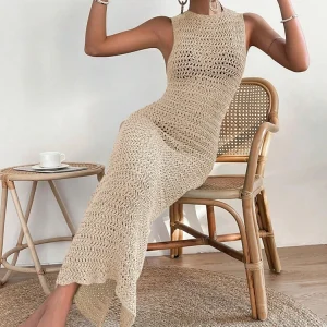 Elegant Round Neck And Waist Clip Skirt Hollow Fit Woolen Out Dress