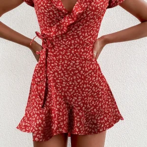 Elegant Ruffles V-neck Floal A-Line Dress Sweet Lady Chic Flowers Mini Dress