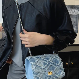 Elegant Simple Design High-value Diamond Shaped Plaid Metal Chain Messenger Shoulder Bag