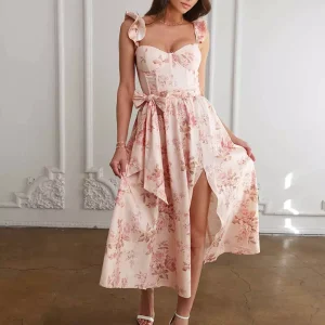 Elegant Sleeveless Floral With Sweetheart Neck And High Slit Midi Dress