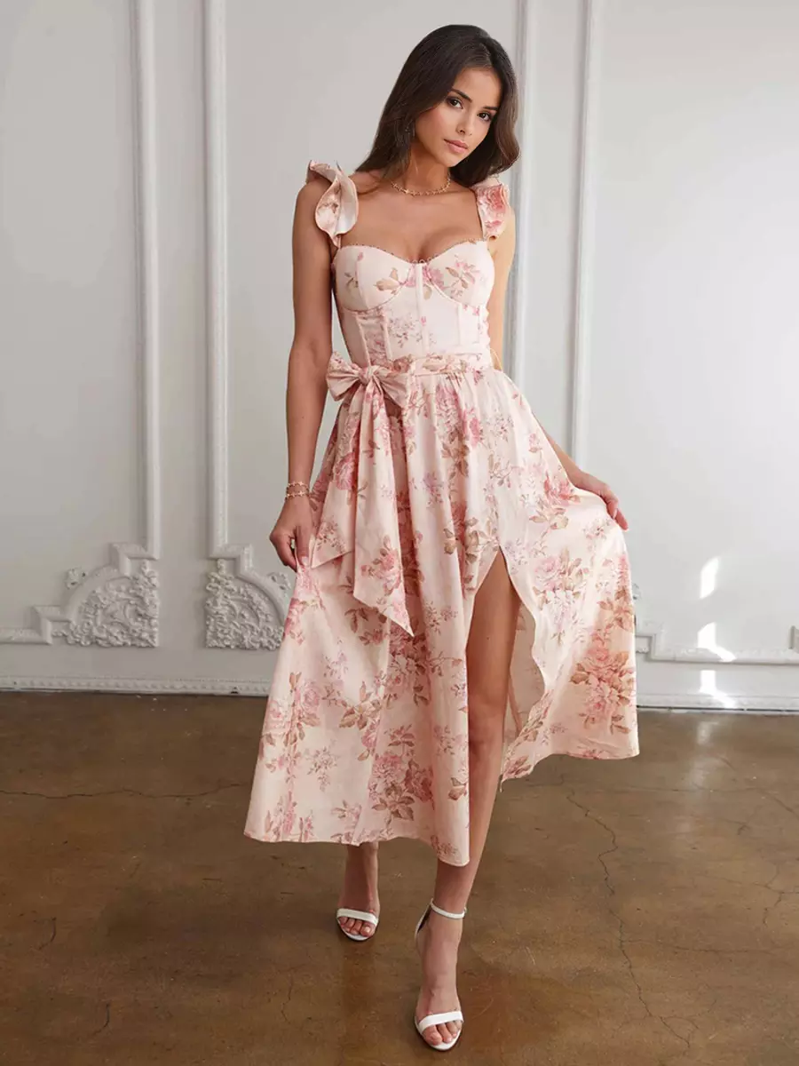 Elegant Sleeveless Floral With Sweetheart Neck And High Slit Midi Dress