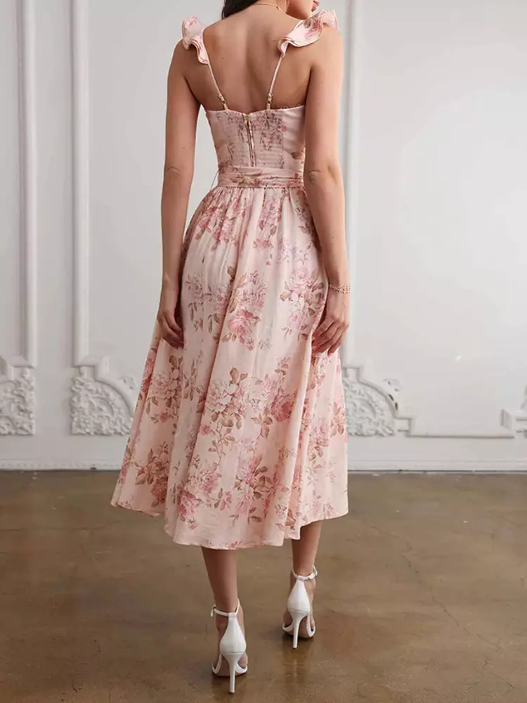 Elegant Sleeveless Floral With Sweetheart Neck And High Slit Midi Dress - Image 5