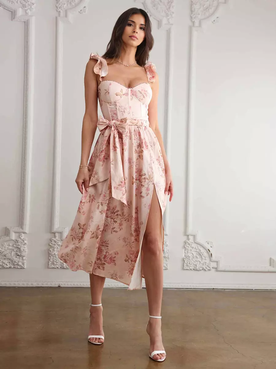 Elegant Sleeveless Floral With Sweetheart Neck And High Slit Midi Dress - Image 2