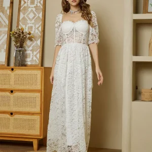 Elegant Solid Color Puff Sleeves Sheer Waist Lace Maxi Corset Dress