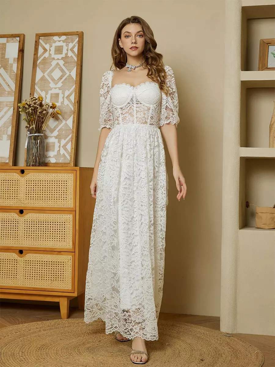 Elegant Solid Color Puff Sleeves Sheer Waist Lace Maxi Corset Dress