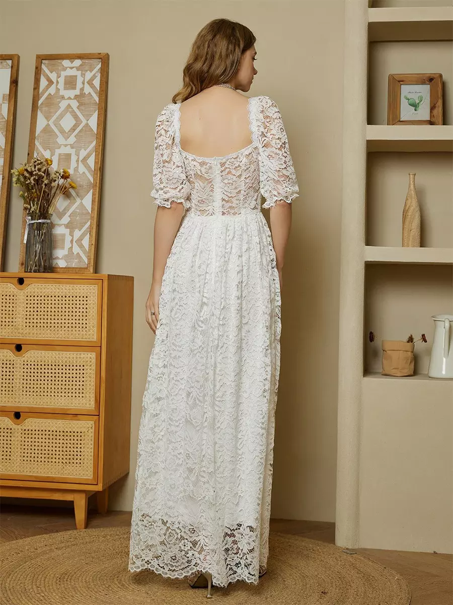 Elegant Solid Color Puff Sleeves Sheer Waist Lace Maxi Corset Dress - Image 7