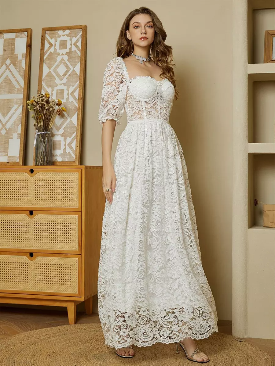 Elegant Solid Color Puff Sleeves Sheer Waist Lace Maxi Corset Dress - Image 2