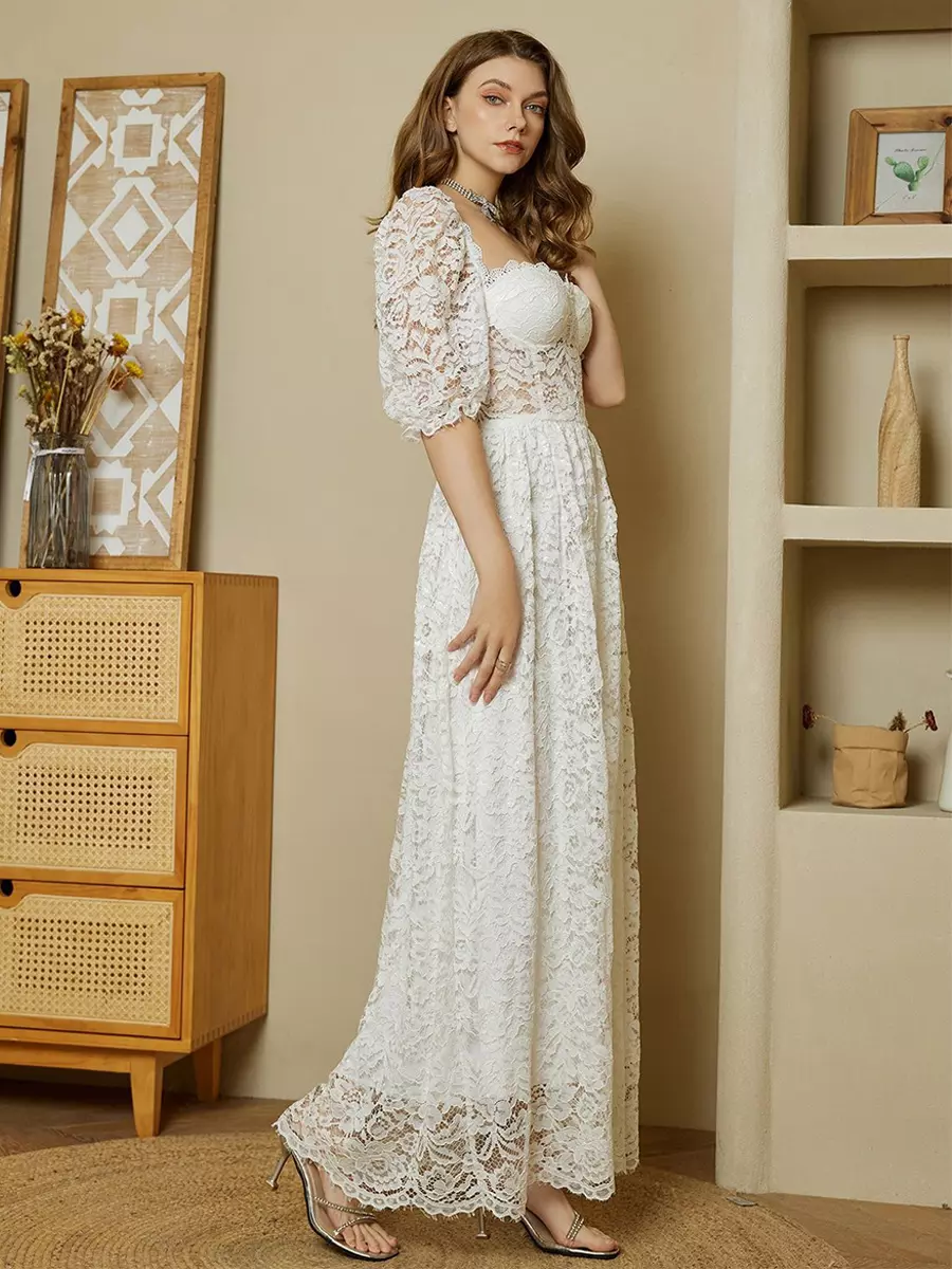 Elegant Solid Color Puff Sleeves Sheer Waist Lace Maxi Corset Dress - Image 3