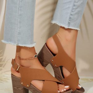 Elegant Solid Color Stylish Platform Crisscross Buckle Chunky Heels Sandals