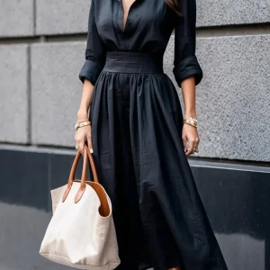 Elegant Solid Patchwork Turn-Down Collar Long Sleeve Chic Maxi Dress