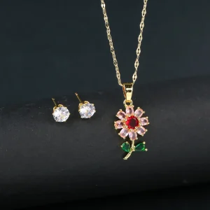 Elegant Sparkling Crystals Botanical Sunflower Necklace Earrings Jewelry Set