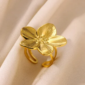 Elegant Stainless Steel Big Gold Color Sun Starfish Open Bloom Flower Rings