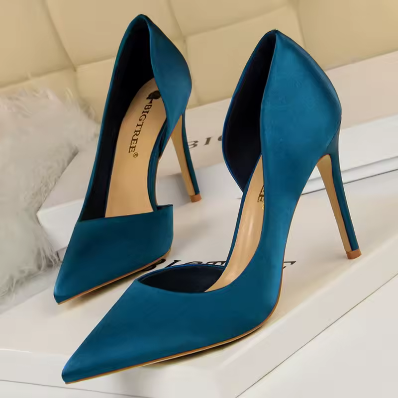 Elegant Stiletto Silk Shallow Rubber Super High Heels Pumps