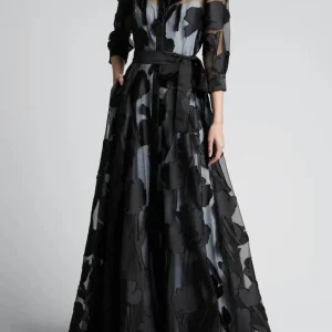 Elegant Three-Quarter Sleeve Knotted Waist Jacquard Mesh Maxi Dress
