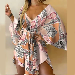Elegant V-Neck Bat Sleeve Print Ruffl Flowers Print Bohemian Mini Dresses