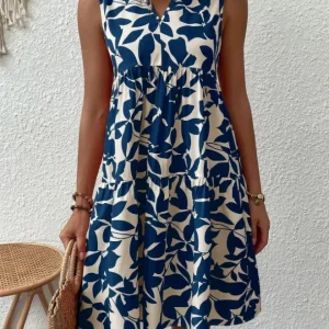 Elegant V Neck Ruffle A Line Tank Sleeveless Boho Print Min Dress