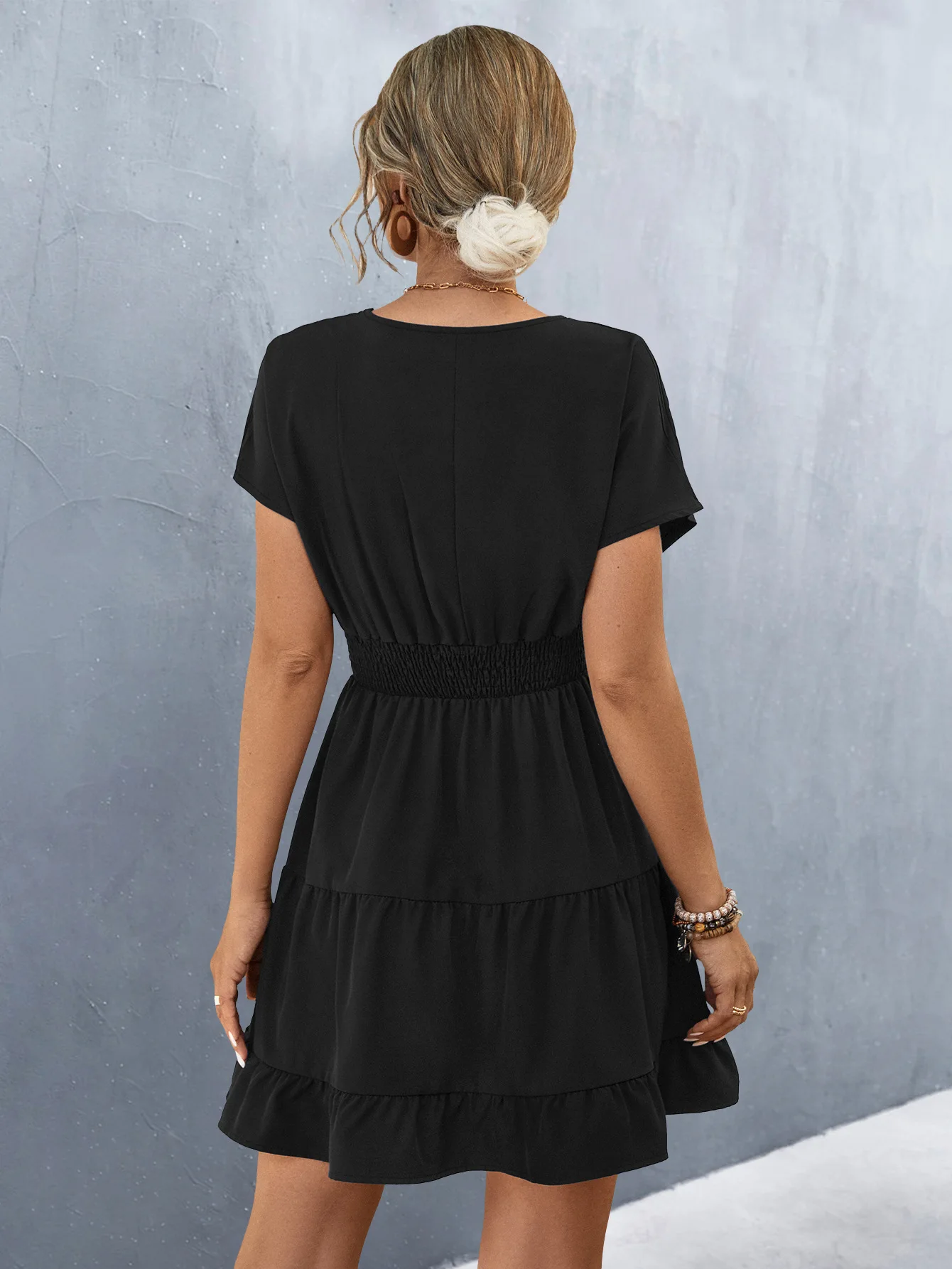 Elegant V Neck Short Sleeve Ruffle Patchwork A-Line Solid Color Dress - Image 18
