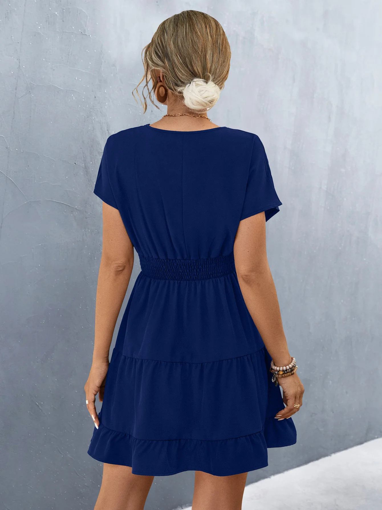 Elegant V Neck Short Sleeve Ruffle Patchwork A-Line Solid Color Dress - Image 6