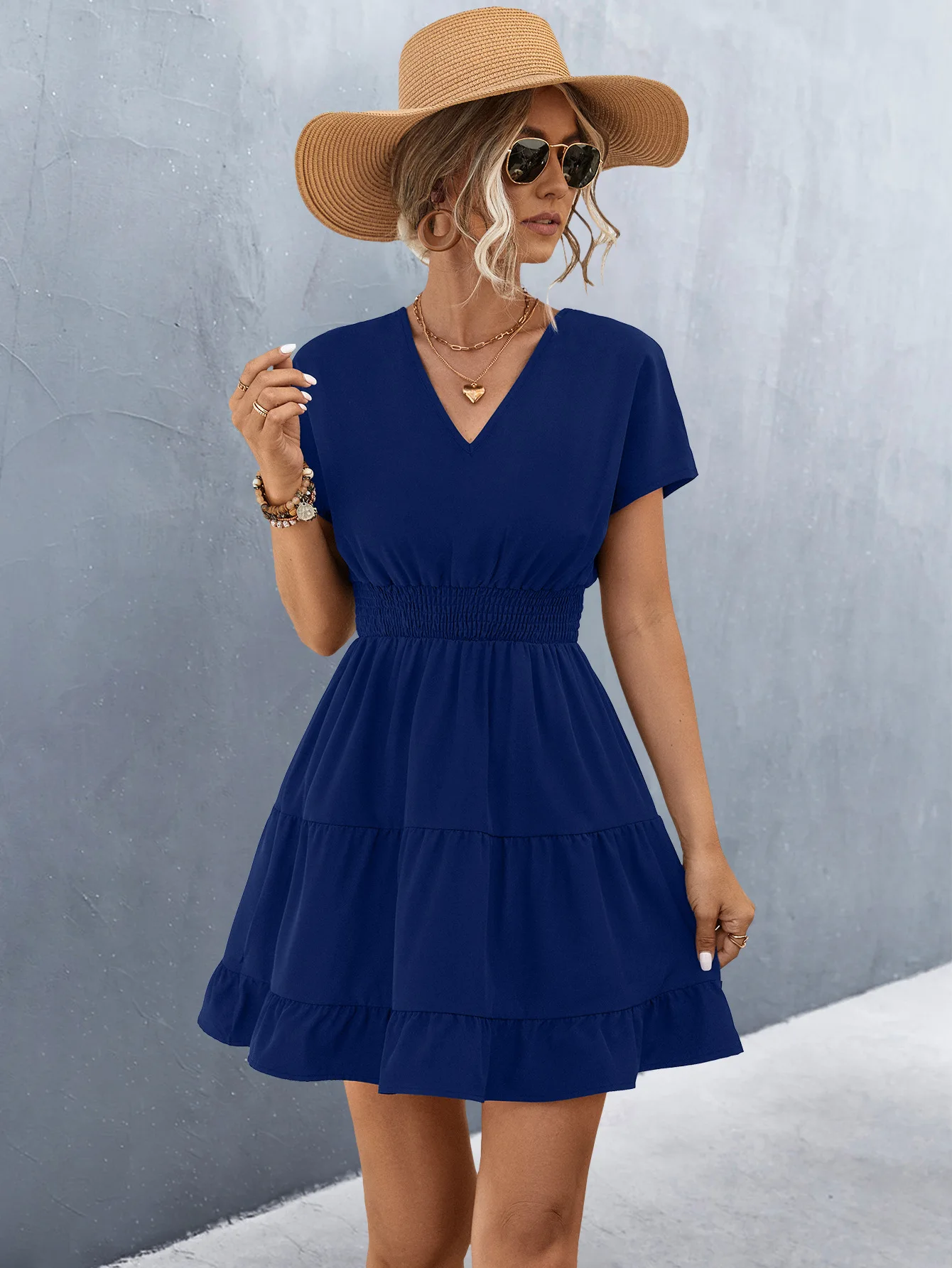 Elegant V Neck Short Sleeve Ruffle Patchwork A-Line Solid Color Dress - Image 2