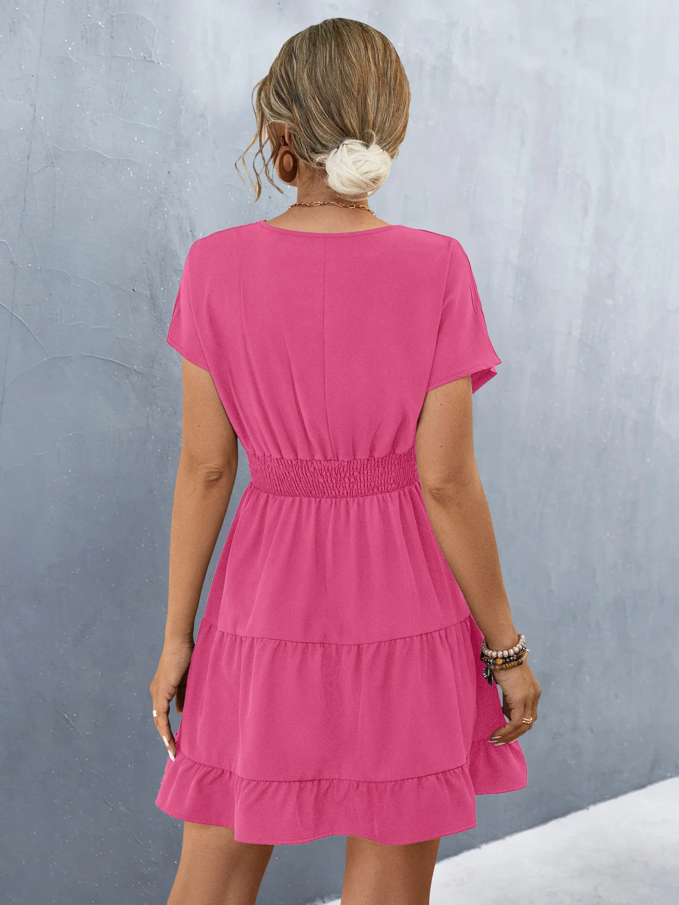 Elegant V Neck Short Sleeve Ruffle Patchwork A-Line Solid Color Dress - Image 12