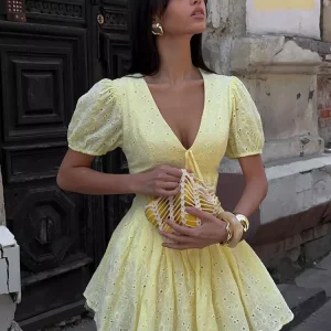 Elegant V-Neck Zipper And Daily Casual Puff Sleeves  Eyelet Mini Dress