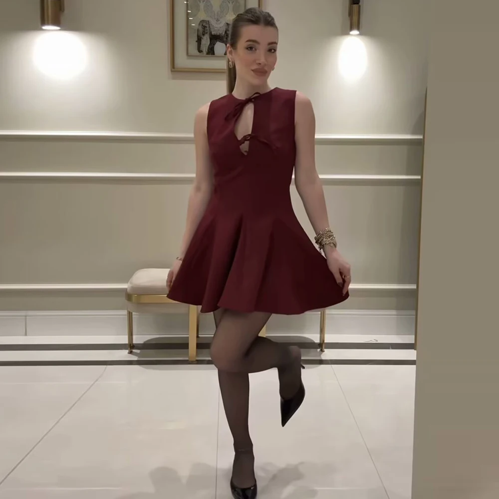 Elegant Wide Swing Sleeveless Bow Trim Mini Sleeveless Dress - Image 2