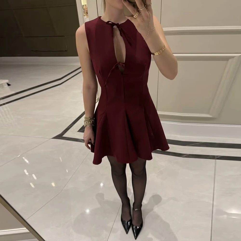 Elegant Wide Swing Sleeveless Bow Trim Mini Sleeveless Dress - Image 3