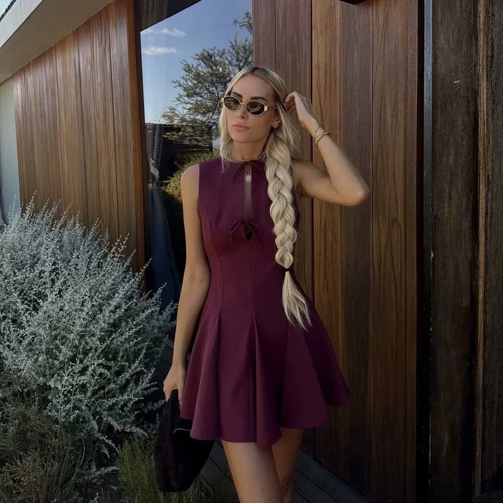 Elegant Wide Swing Sleeveless Bow Trim Mini Sleeveless Dress - Image 5