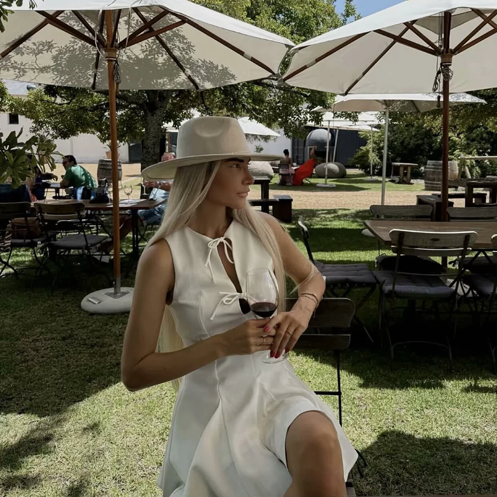 Elegant Wide Swing Sleeveless Bow Trim Mini Sleeveless Dress - Image 6