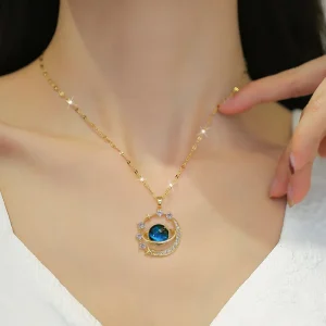 Exquisite Starry Sky Planet Light Stainless Steel Clavicle Chain with Stars And Moon Design Necklace