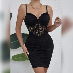 Floral Lace Hollowing Mesh Sleeveless Backless See Through V-Neck Bodycon Party Dress