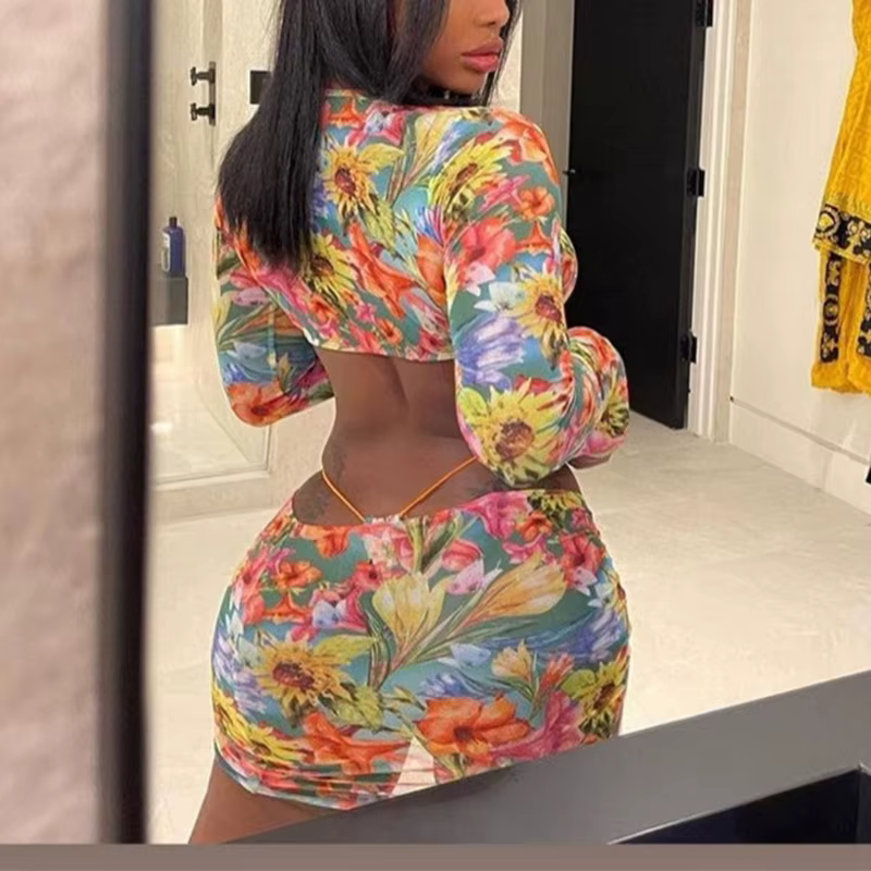 Floral Print Mesh 3 Pieces Set Long Sleeve Tie Knot Front Crop Top with Thong Side Drawstring Ruched Mini Skirt - Image 2