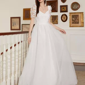 Flower Decoration And Open Back For Bride Maxi A-Line Dress