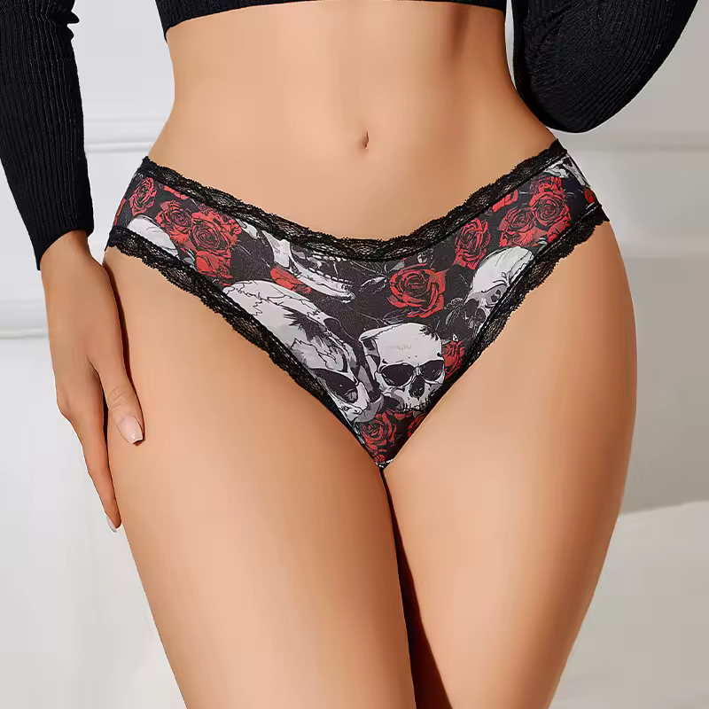 Gothic Style Lingerie Rose Skull Personalized Comfortable Breathable Triangle Pants