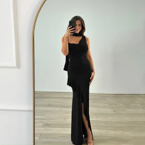 High Slit Sleeveless V Neck Halter Neck Ruched Suspender With Ribbon Slim Banquet Dress