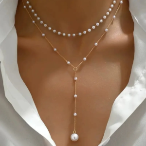 Imitation Pearl Double Layered Choker Big Ball Bead Pendant Tassel Necklace