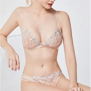 Lace Flowers Embroidery Underwear Ultra Thin Push Up Brassiere Triangle Cup Bra Set