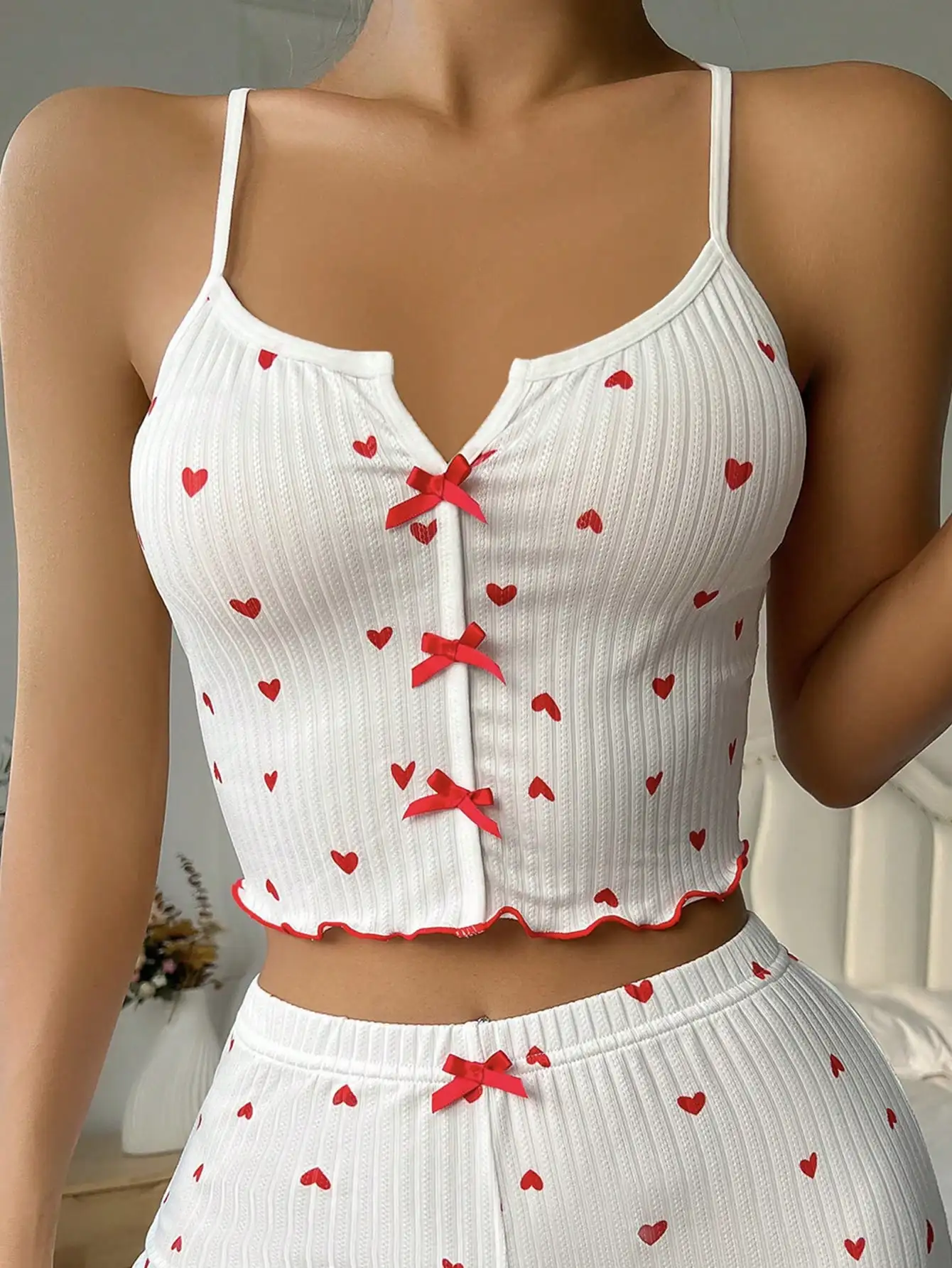 Lingerie Lace Patchwork Heart Print Bowknot Decoration Sleeveless V-Neck Cami Sleepwear Set - Image 5