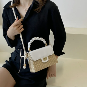 Luxury Designer Pleated Handle Straw Beach Contrast Color Crossbody Bag