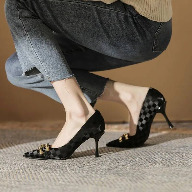 Luxury Metal Decoration Pointed Toe Microfiber Leather Medium High Heels Pumps - Image 8