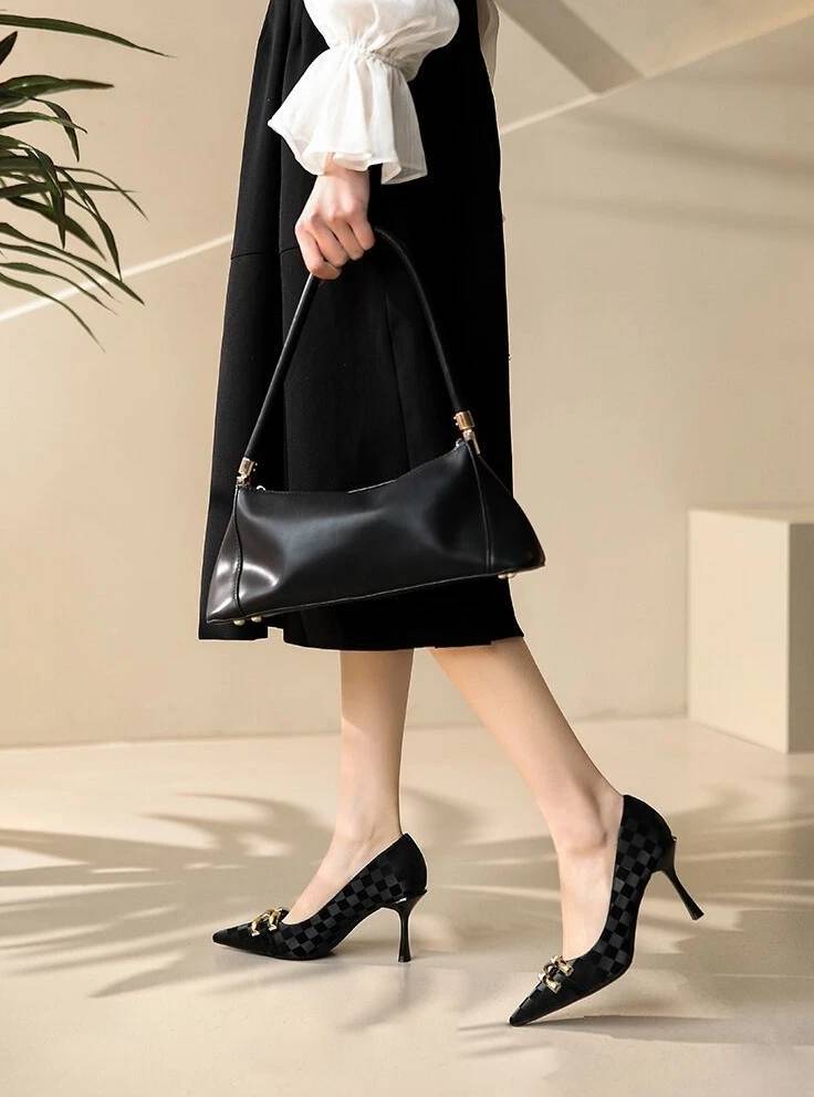 Luxury Metal Decoration Pointed Toe Microfiber Leather Medium High Heels Pumps - Image 7