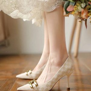 Luxury Metal Decoration Pointed Toe Microfiber Leather Medium High Heels Pumps
