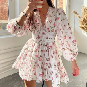 Luxury New Sweet Print V-Neck Lace Short Long Sleeve Floral Dress