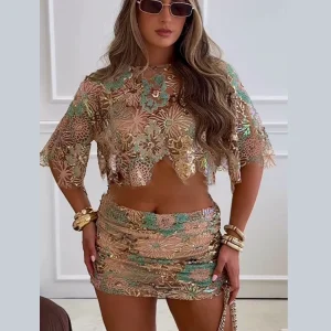 Luxury Transparent Embroidery Sequined O-neck Short Sleeve Top Skirt Suits