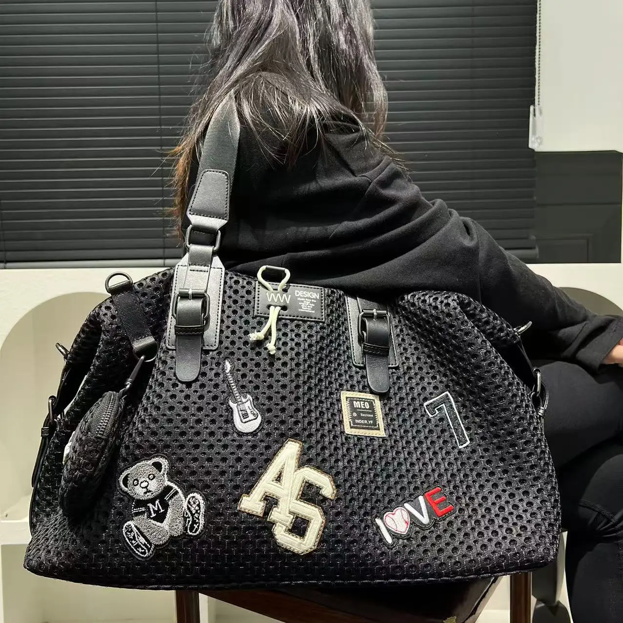 Mesh Nylon Adhesive Large Capacity Splicing Short Distance Travel Casual Handbag - Image 9